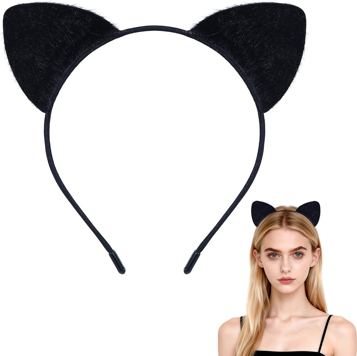 QXDBNXQ Furry Cat Ears Headband Women, Black Kitty Ear Cat Accessories for Halloween Cat Woman Costume Outfit - Product Image
