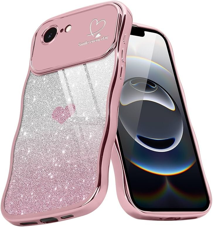 Teageo for iPhone 16e Case & for iPhone 17e Case for Women Girls Cute Curly Wavy Frame Love Heart Glitter Camera Protection Sparkly Shockproof Wave Phone Case for iPhone 16e & for iPhone 17e,Rose gold - Product Image