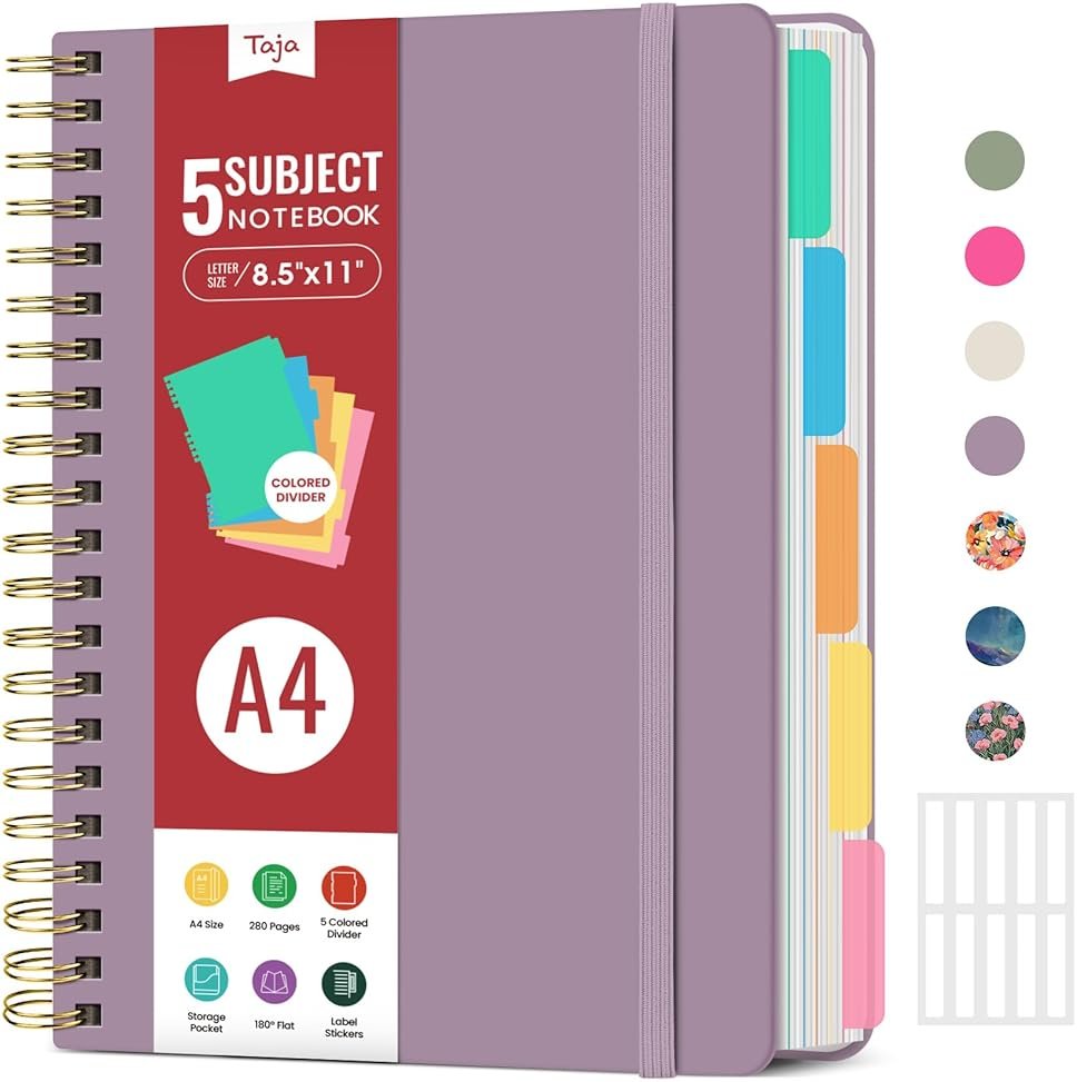 Hardcover Spiral Journal Notebooks for Work With Removable Dividers & Tabs, 8.5"x11" 5 Subject Notebook for Note Taking & Organizer, A4 College Ruled Lined Journal for Women & Writing, Purple, 280 Pages - Product Image