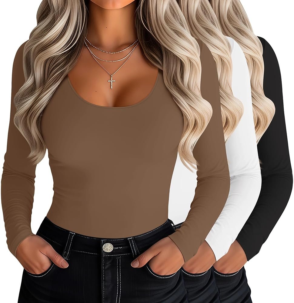 Riyiper 3 Pack Women's Scoop Neck Tops Long Sleeve Slim Fitted Shirts Casual Basic Tunic Fall Trendy Y2k Tight Tees - Product Image