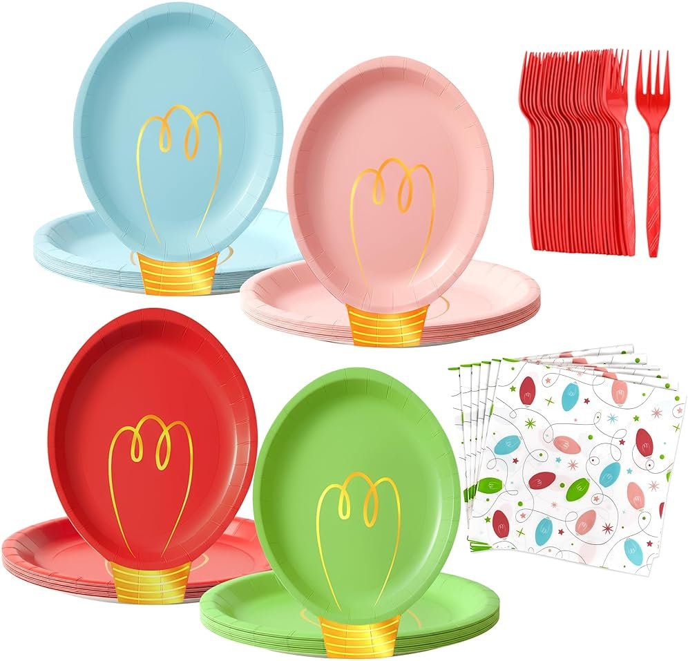 75Pcs Christmas Plates Dinnerware Set Disposable, Heavy Duty Christmas Paper Plates and Napkins with Plastic Forks Party Supplies Serve 25, Light Bulb Design Dinnerware Set for Holiday Home Xmas Party - Product Image