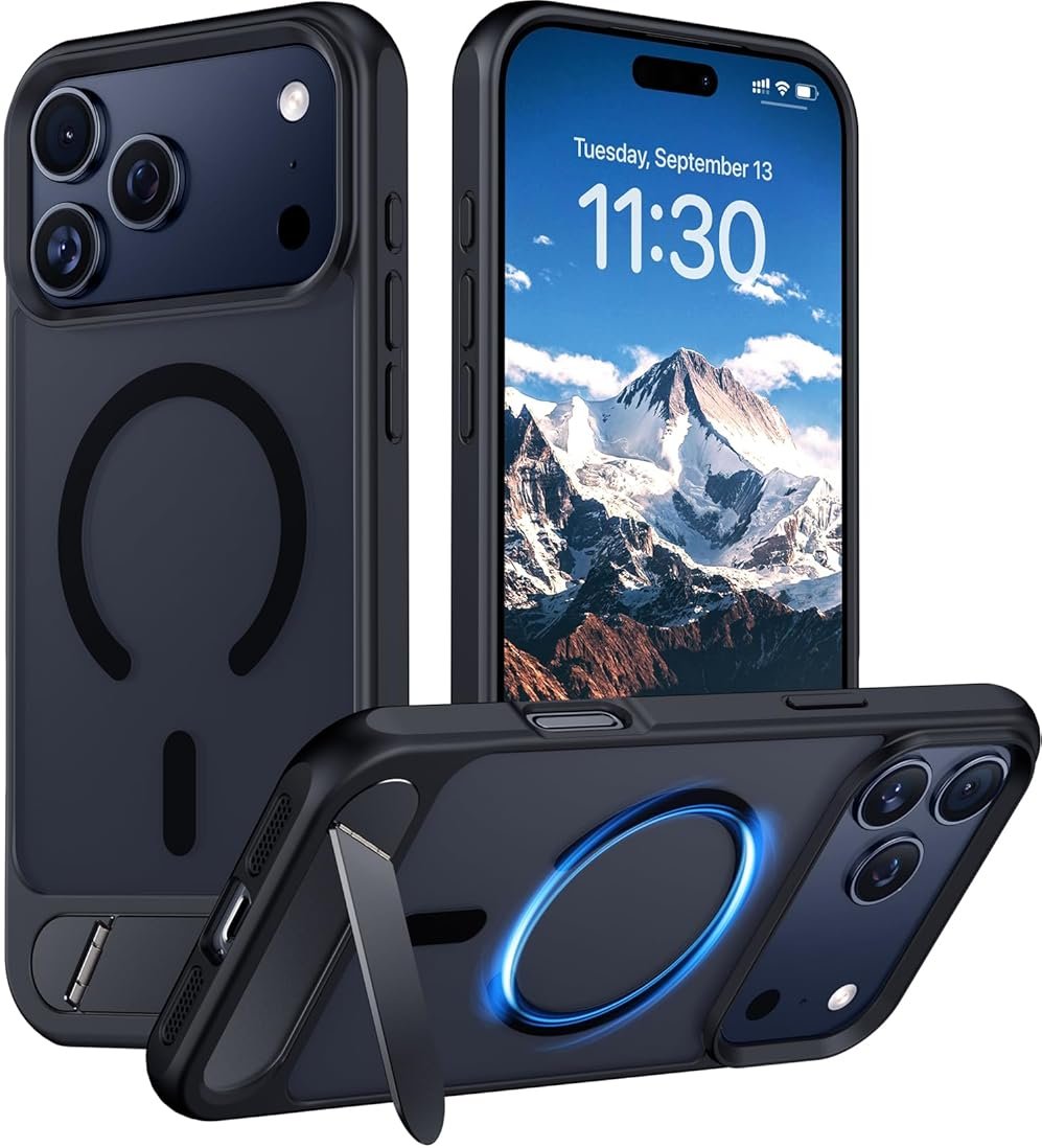 Temdan Designed for iPhone 17 Pro Max Case, [Built-in Invisible Kickstand][Compatible with MagSafe][Military Grade Shockproof] Slim Translucent Matte Phone Case for iPhone 17 Pro Max 6.9 inch (Black) - Product Image