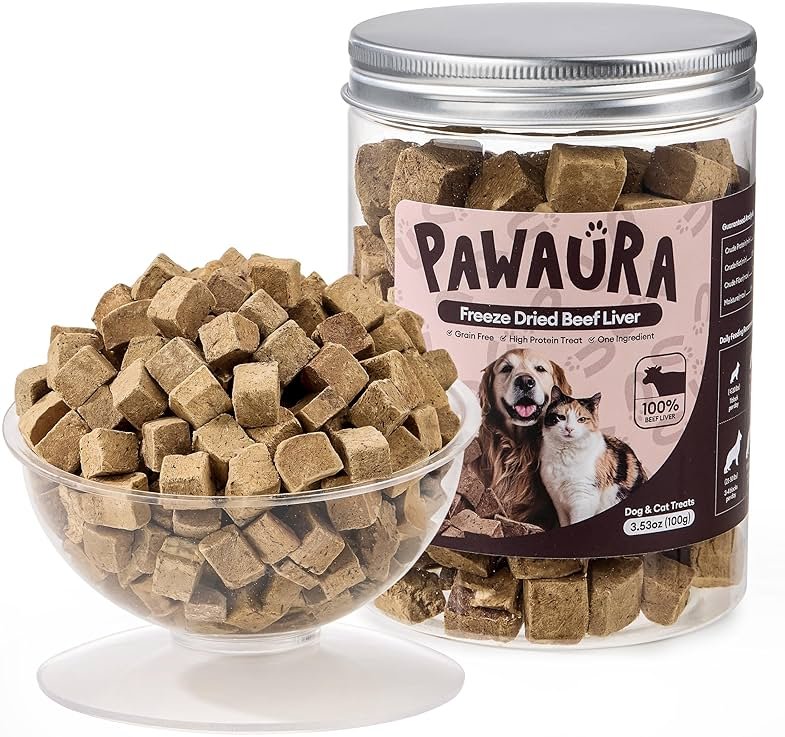 Pawaura Freeze-Dried Beef Liver Treats for Dogs & Cats, Single Ingredient, High-Protein, Grain-Free Natural Pet Snack, Resealable Tub, Ideal for Training or Meal Topper, 3.53oz - Product Image