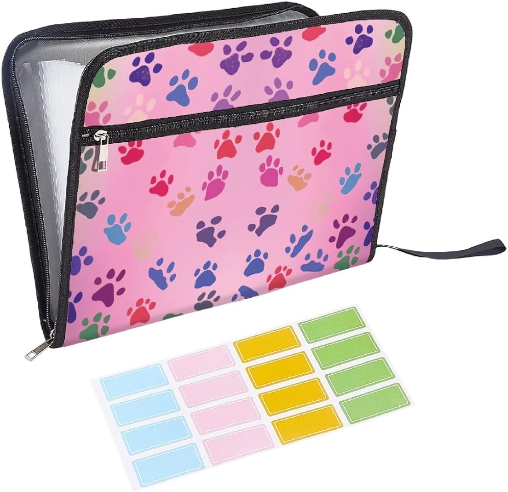 CRASPIRE 13 Pockets Expanding File Folder Letter Size A4 Zipper Pouch Pink Cute Paw Print Accordion Document Organizer with Sticky Labels Papers Expandable Filing Keeper Storage for Home School Office - Product Image