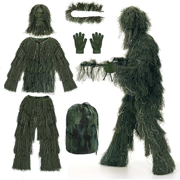 Alnintte 6 in 1 Ghillie Suit,3D Hunting Camouflage Halloween Costume Including Jacket,Pants,Hood,Glove Suitable for Men Teens - Product Image