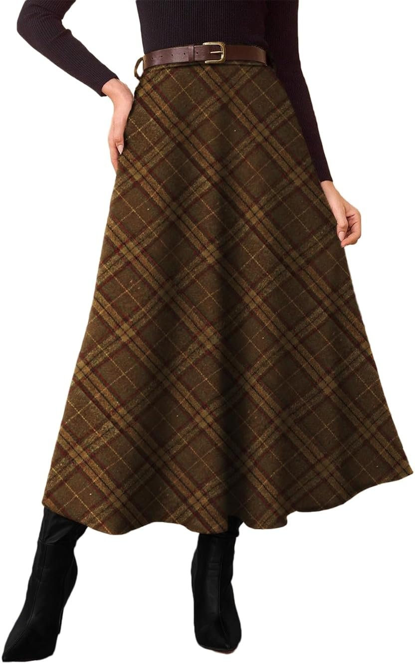 Pink Queen Plaid Skirts for Women 2026 Flared Vintage High Waist A Line Midi Tartan Skirts with Pockets - Product Image