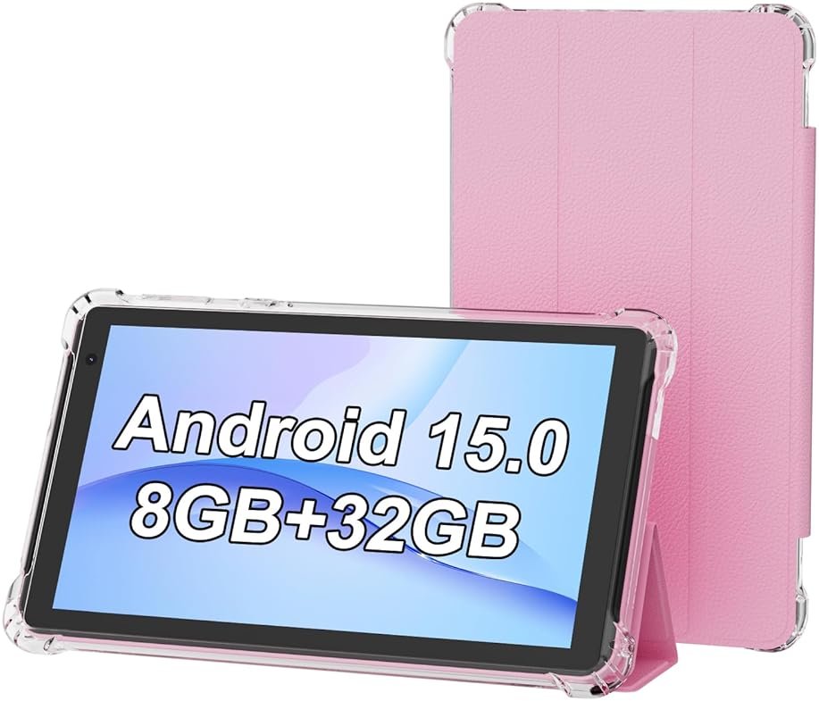 PEICHENG Tablet with Protective Case, 7" IPS 1024 * 600 Android 15.0 Tab PC RAM 8GB(3+5Expand)+ROM 32GB Bluetooth 5.0 WiFi6 2.4G+5G 2MP+5MP Dual Cameras (Pink) - Product Image