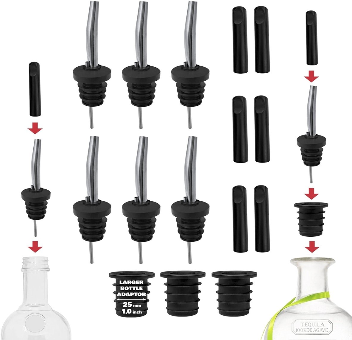 Stainless Steel Liquor Bar Bottle Pourers - Drip-Free Nozzle - Pour Spouts for Alcohol & Bartending - Universal Fit Speed Spout - Rust-Free & Easy Clean - Chrome (6 Pack) - Product Image