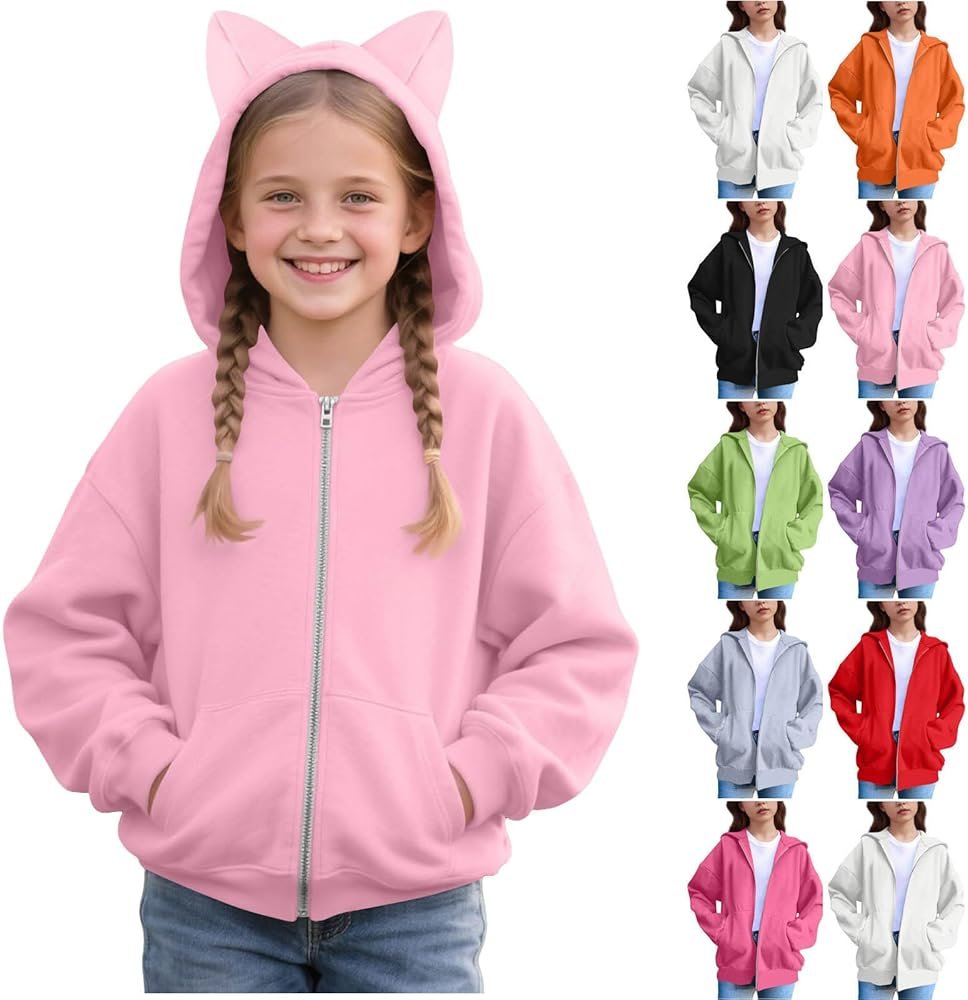 Girls Zip Up Hoodies Size 10-12 Fall Cute Cat Ear Oversize Hoodie Jackets Casual Long Sleeve Hood Sweatshirt Coat - Product Image