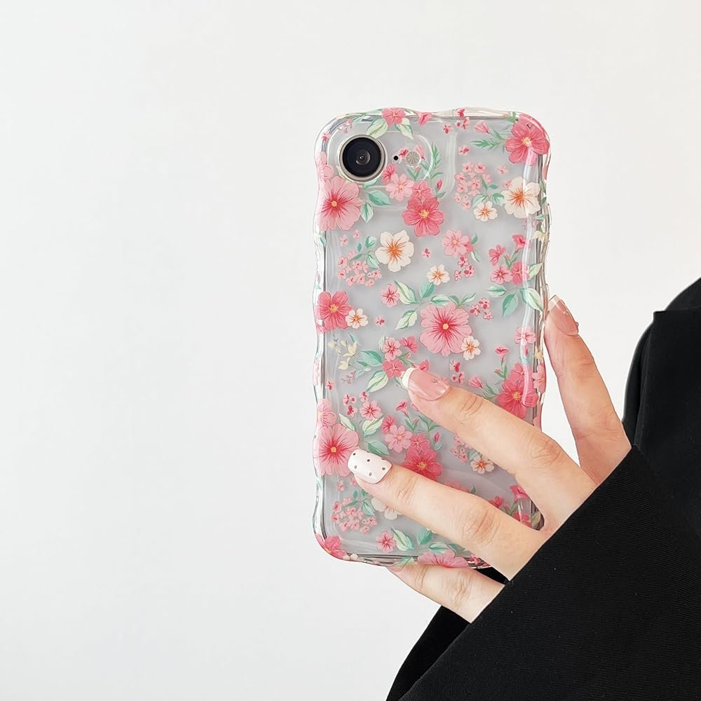 RALEAVO for iPhone 17e Case/iPhone 16e Case Cute Floral Pattern Design,Clear Curly Wave Frame Cover for Women,Soft Shockproof Anti-Slip Protective Case for iPhone 16e/17e,Pink Flowers - Product Image