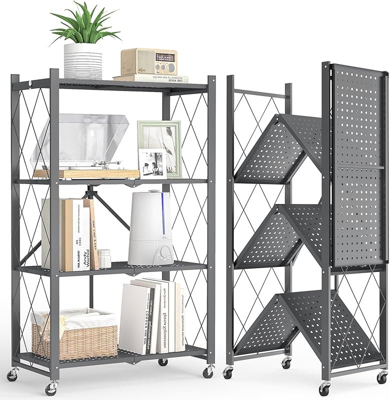 Fenbeli 4-Tier Folding Metal Storage Shelf with Wheels, No Assembly Organizer Rack, Heavy Duty Collapsible Shelving Unit for Garage, Kitchen, Basement, Pantry, Living Room(New Upgrade - Gray, 4 Tier) - Product Image