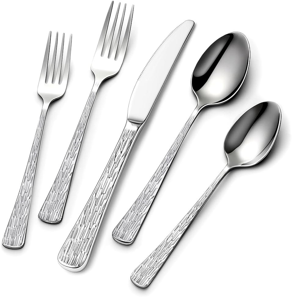 Yoehka 60-Piece Hammered Silverware Set for 12, Stainless Steel Flatware Set with Tree Pattern Handles, Mirror Polished Cutlery/Utensils Set for Home, Restaurant, Hotel, Dishwasher safe - Product Image