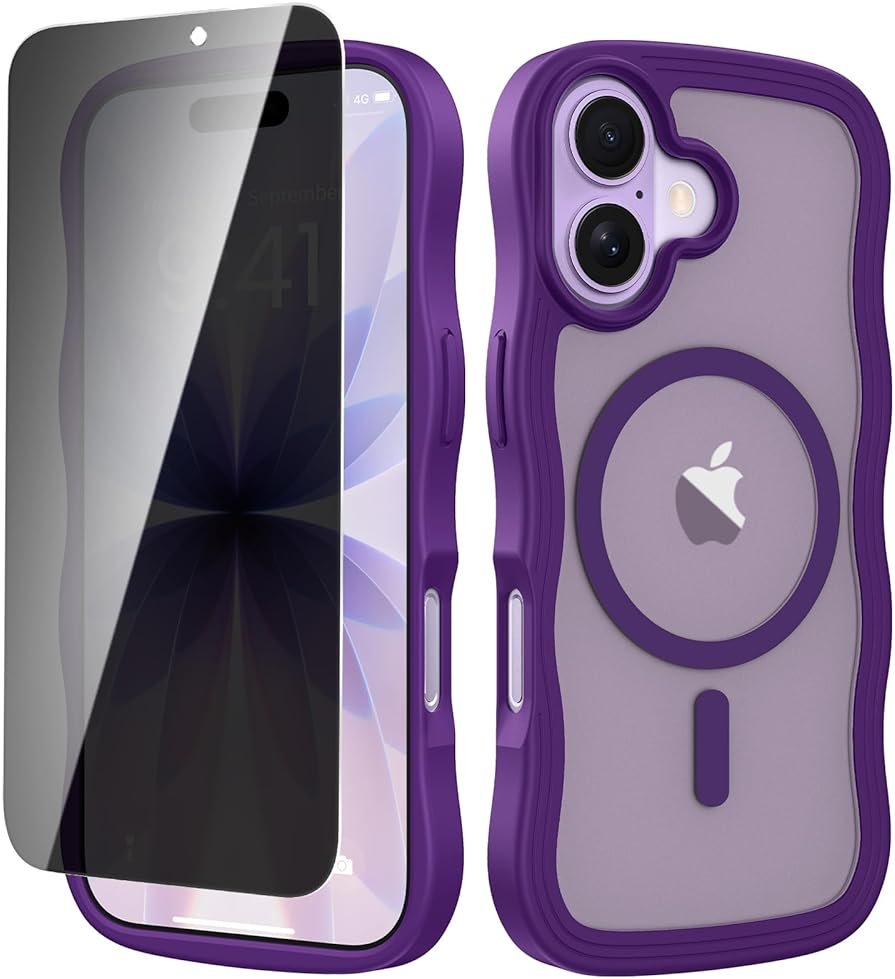 VEGO for iPhone 17 Women Case with Screen Protector[Compatible with MagSafe][Anti-Peeping]Translucent Cute Wave TPU Matte Cover Shockproof Drop Protection Magnetic Phone Case for iPhone 17 6.3"-Purple - Product Image