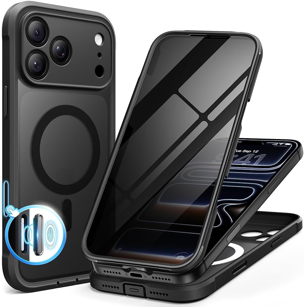 BERFY for iPhone 17 Pro Max Case, Compatible with MagSafe, Built-in Privacy Screen Protector, Camera Protection, Shockproof Full Body Phone Case 6.9", Translucent Black - Product Image