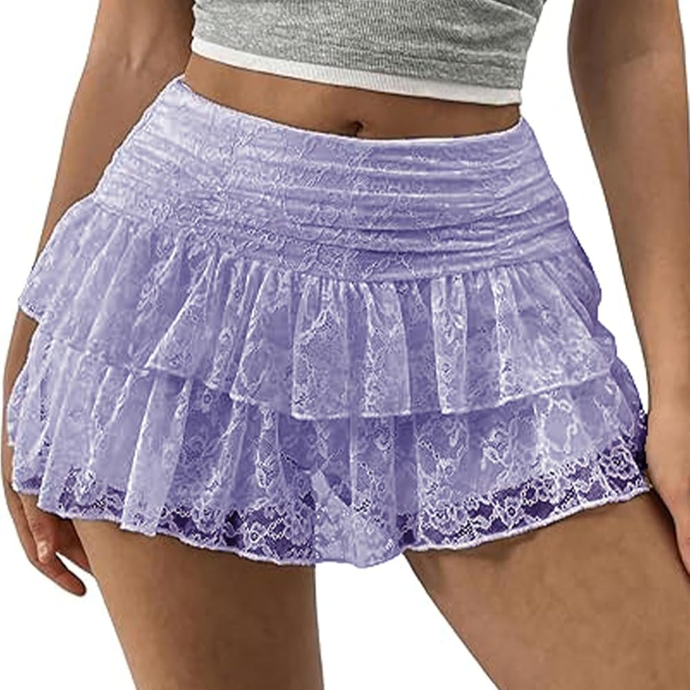 FOMOYUU Y2K Lace Tiered Mini Skirt for Women Ruffled Pleated Half Slip Low Rise Flowy Short Skirts Underskirt - Product Image