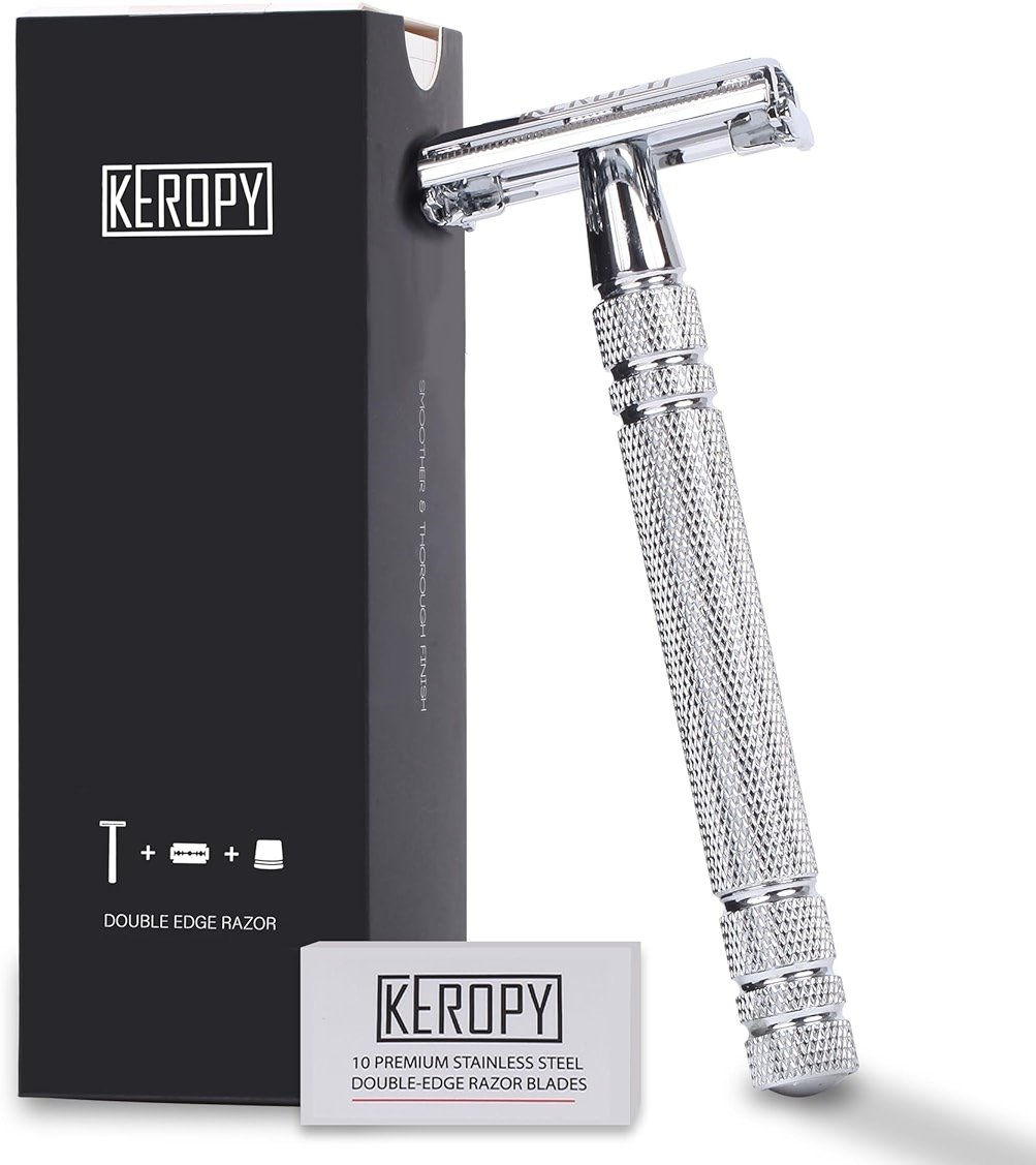 Double Edge Safety Razor with 10 Disposable Blades - Single blade double edge razor for men - Metal razor with Long Handle for close shave - Classic Clean Shave Single blade razor - Product Image