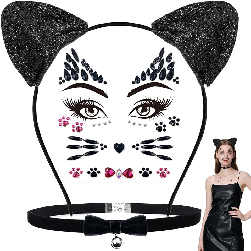 Dokeawo Black Cat Ears Headband, Bell Choker & Face Stickers - Black Cat Costume Outfit Woman Adult Women, Halloween Dress Up & Cosplay Party Accessories - Product Image