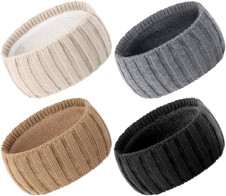 AQOKKA Knit Winter Headbands for Women Fuzzy Wool Fleece Lined Ear Warmers Elastic Turban Crocheted Head Wrap Winter Accessories for Women Cold Weather - Product Image