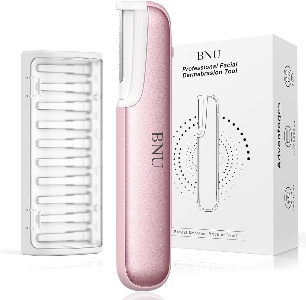 Dermaplane Razor for Women Face, BNU Facial Hair Remover for Anti-Aging, Rechargeable, LED Light, Sonic Edges, 3 Speeds, Ergonomic Handle Face Dermaplaning Tool 10 Blades Pink - Product Image