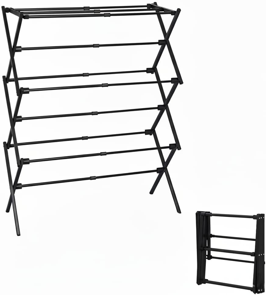 UNICCA 3-Tier Metal Folding Clothes Drying Rack, Laundry Drying Rack Clothing | Collapsible Dryer Racks for Laundry | Indoor & Outdoor,Black - Product Image