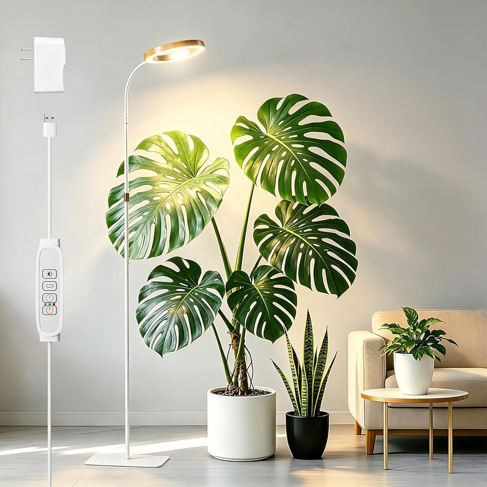 SDOVUERC Full Spectrum Grow Light with Stand for Indoor Plants, Floor Plant Light, 6/12/18H Timer, 3 Color Modes, Adjustable Height 16.5–68in, for Large Plants & Home Décor(1 Head,Faux Wood Grain) - Product Image