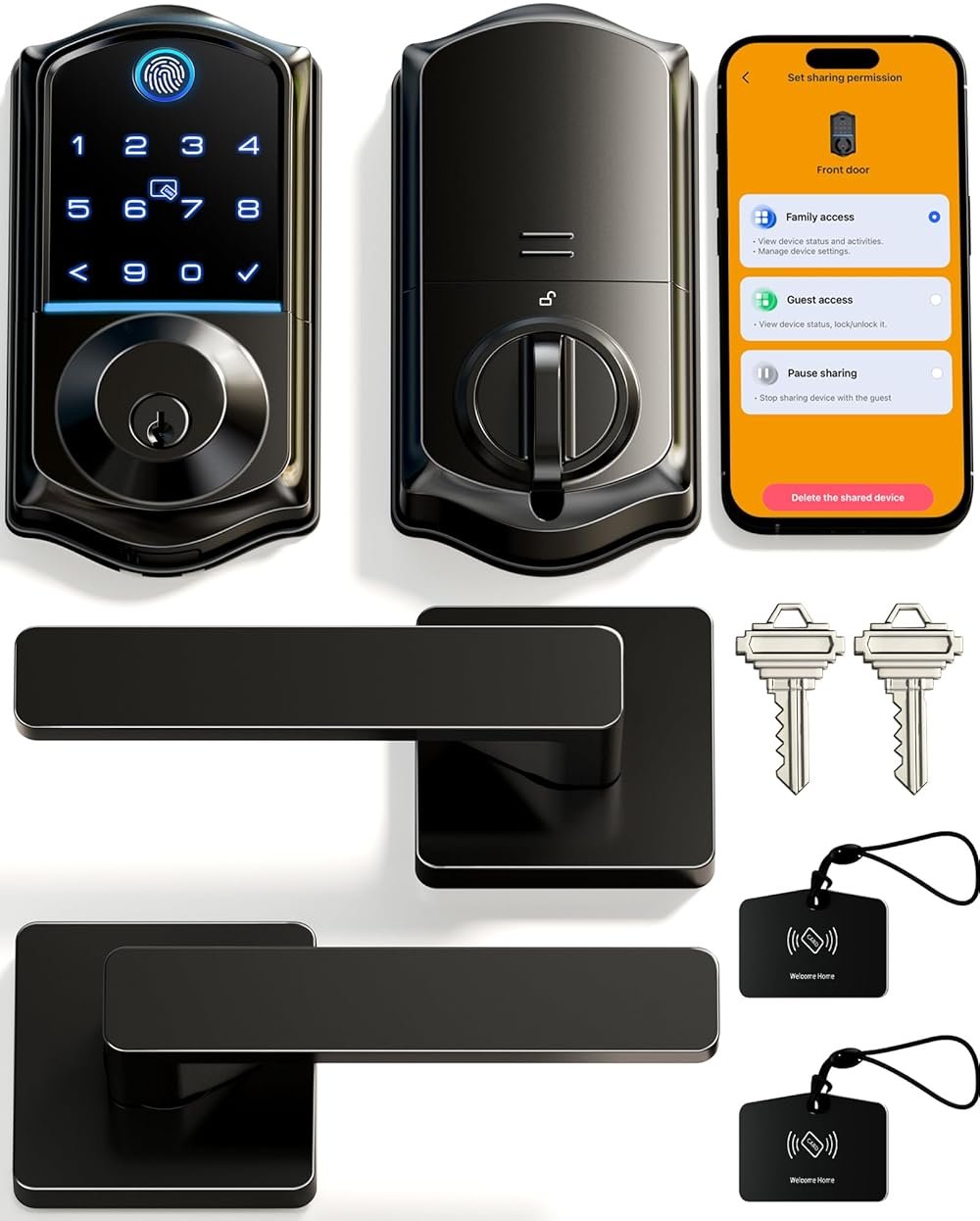 Veise VE017-B Fingerprint Smart Lock for Front Door, App Control, 8-in-1 Keyless Entry Deadbolt with 2 Zinc Alloy Lever Handles Set, Emergency Power Port, Auto Lock, Electronic Keypad, Black - Product Image