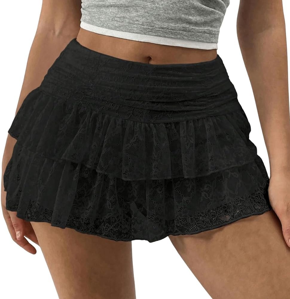 Sastianaen Women Floral Lace Slip Mini Skirts Y2k Low Waist Ruffle Layered Pleated Skirts Tiered Short Skirt Fairy Underskirt - Product Image
