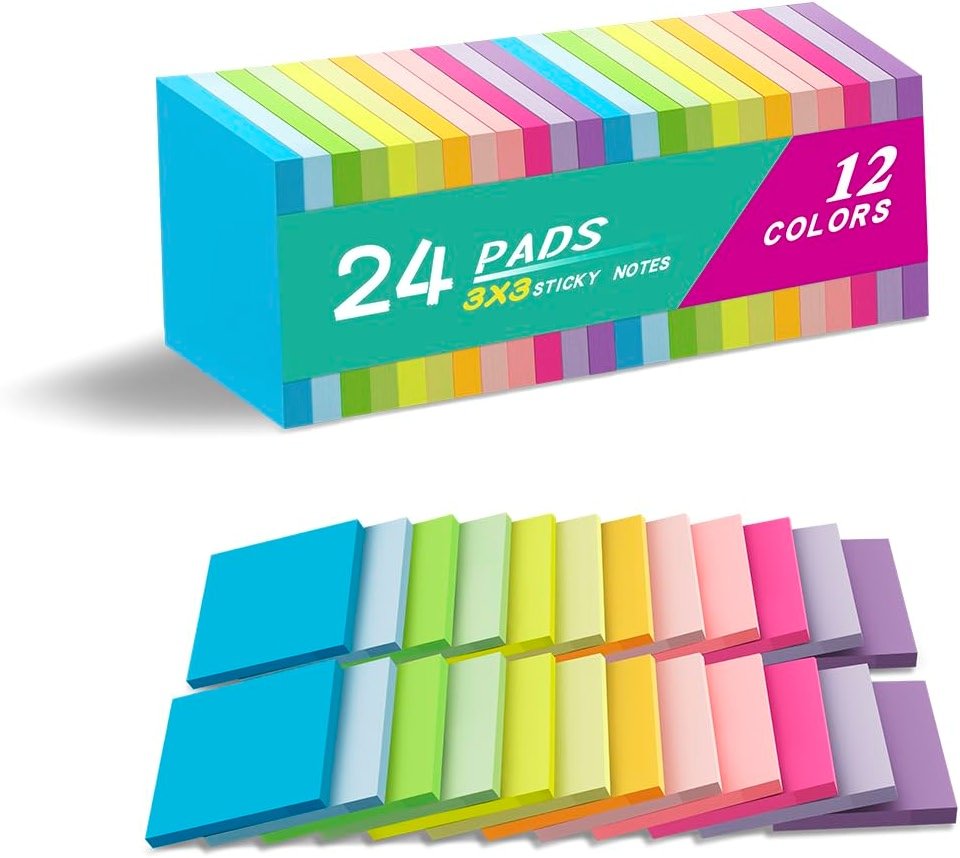 (24 Pads) Sticky Notes 3x3 Inches,Bright Colors Self-Stick Pads, Easy to Post for Home, Office, Notebook - Product Image