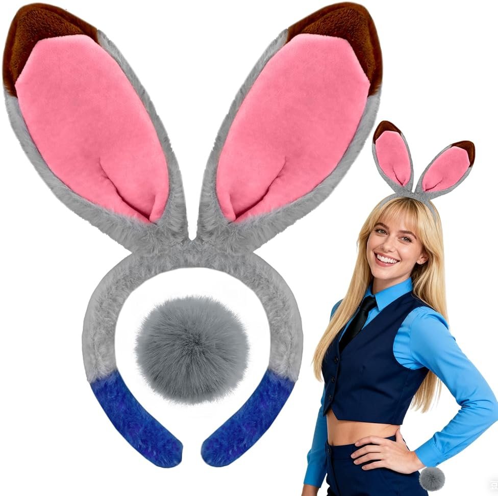 Voiiake Grey Bunny Ears Headband and Tail Set, Bunny Costume Accessories for Women Adult, Plush & Bendable Gray Rabbit Ears for Halloween Party Cosplay - Product Image