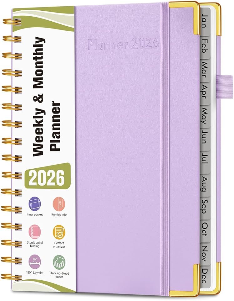 2026 Planner, Hardcover Leather Weekly and Monthly Planner, January 2026 - December 2026, Spiral Yearly Agenda Organizer Book 2026 with Tabs, Daily Calendar Planners for School Work Home, A5 (5.75" x 8.38"), Purple - Product Image