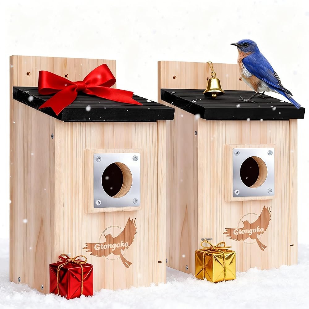 2 Pack Bird Houses for Outside, Bluebird Nesting Box with Metal Predator Guard, 1-1/2" Entrance Hole Wooden Birdhouse Kit for Bluebird Chickadees, Swallows & Finches, Assembly Required - Product Image