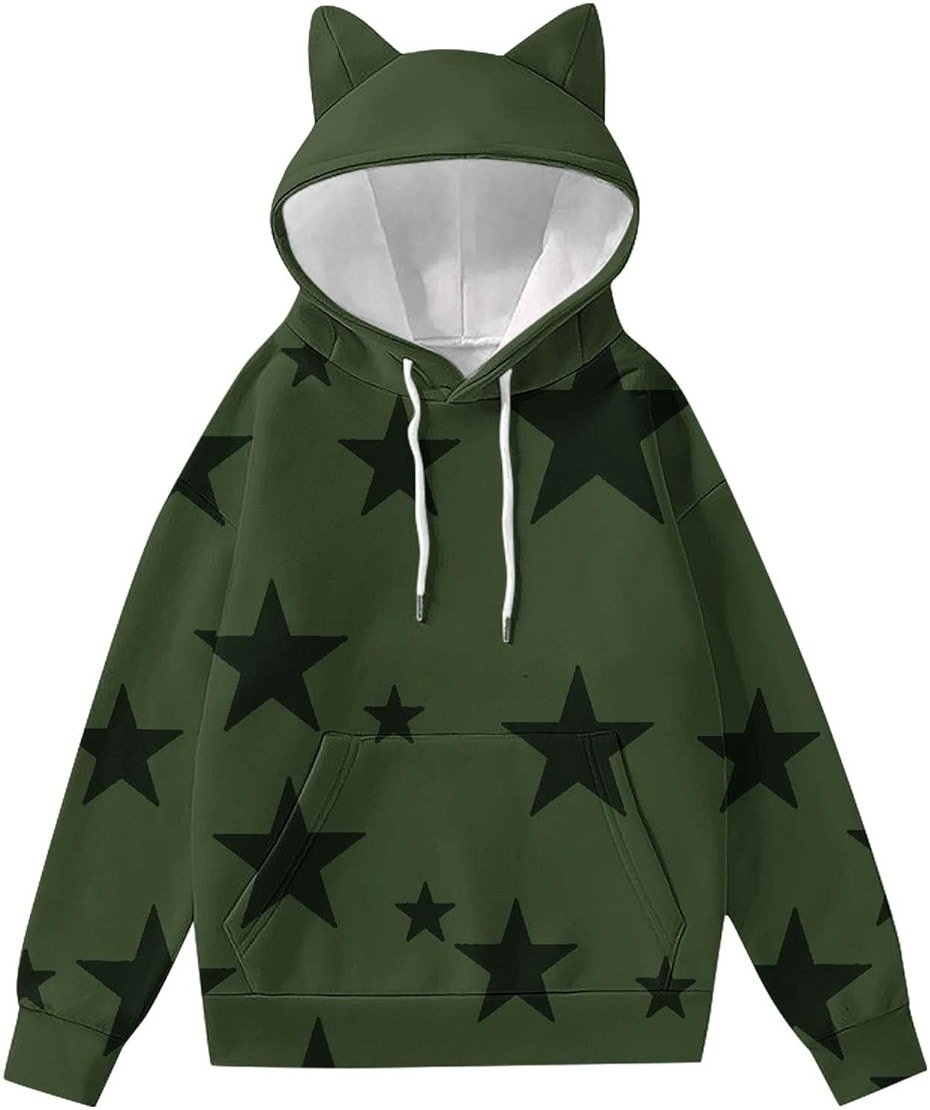 Women's Cat Ear Hoodie Fleece Pullover Y2K Cute Printed Sweatshirt Winter Fall Fashion Hooded Sweater Top - Product Image