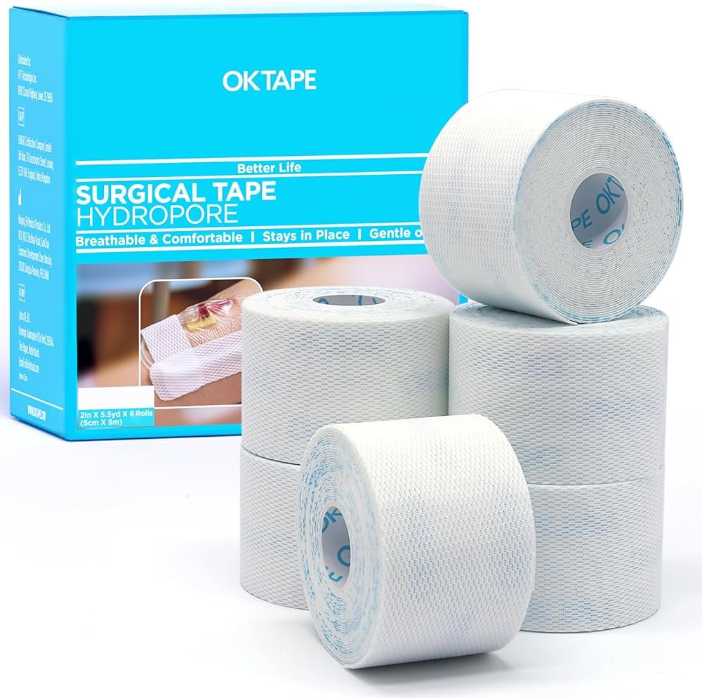 OK TAPE Hypoallergenic Surgical Tape 2 inch x 5.5yd |6 Rolls,Dry Medical Tape for Skin, Tube, Dressings, Wound First Aid Tape - Product Image