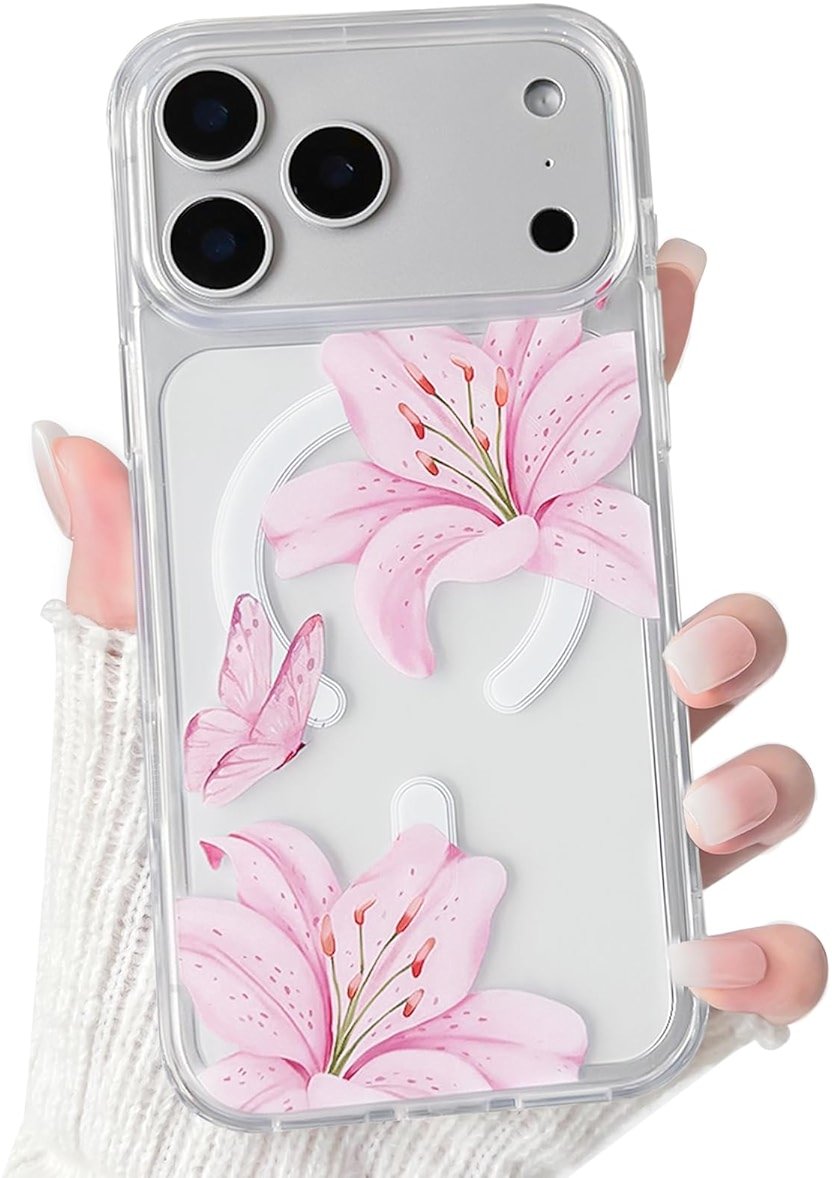 NITITOP Compatible for iPhone 17 Pro Max Case Clear Magnetic Compatible with MagSafe Cute Lily Flowers Floral for Women Girls Hard PC Back Shockproof Protective Phone Cover - Pink - Product Image