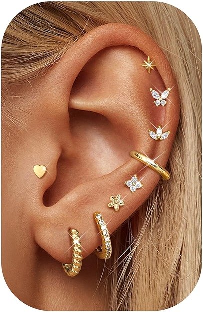 Dochais 14K Gold Plated Surgical Steel Earrings 9 Pairs Flat Back Earrings Small Cartilage Hoop Earring for Women Trendy Hypoallergenic Flatback Stud Stacks for Multiple Piercing Lightweight Jewelry - Product Image