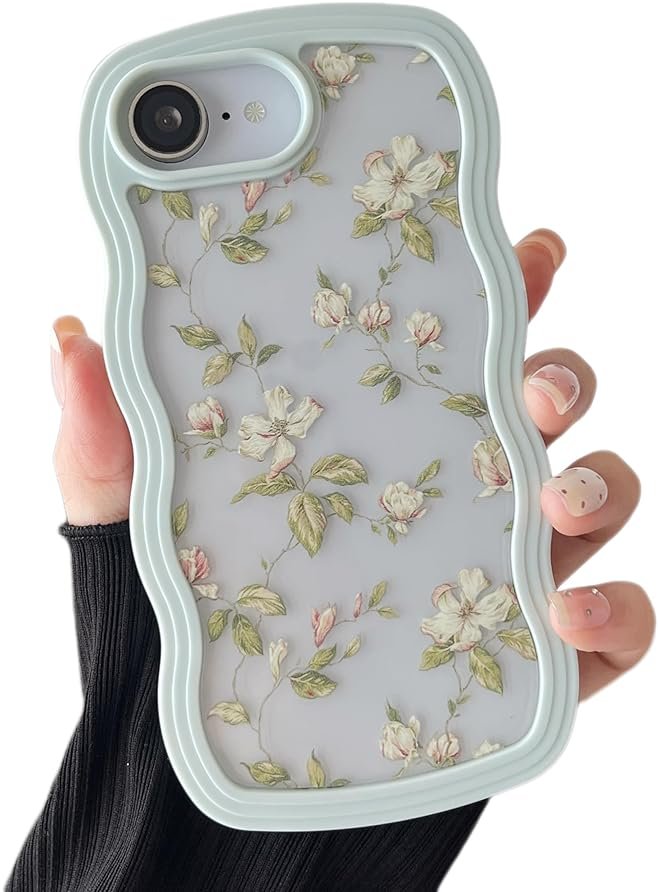 ZTOFERA Floral Case for iPhone 17E/iPhone 16E 6.1 inch,Cute Curly Wave Frame Shape Case with Green Leaf Flower Pattern for Women Girls, Clear Slim Shockproof Phone Cover, Green - Product Image