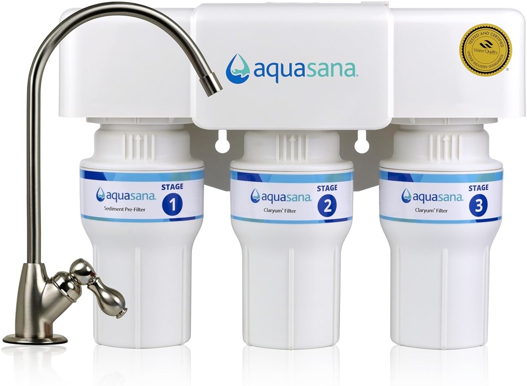 Aquasana Under Sink Water Filter | 3-Stage Filtration | Certified to Reduce up to 99.99% of PFAS, Lead, Chlorine, & More | Under Counter Drinking Water Filter | Brushed Nickel Faucet | AQ-6300-BN - Product Image