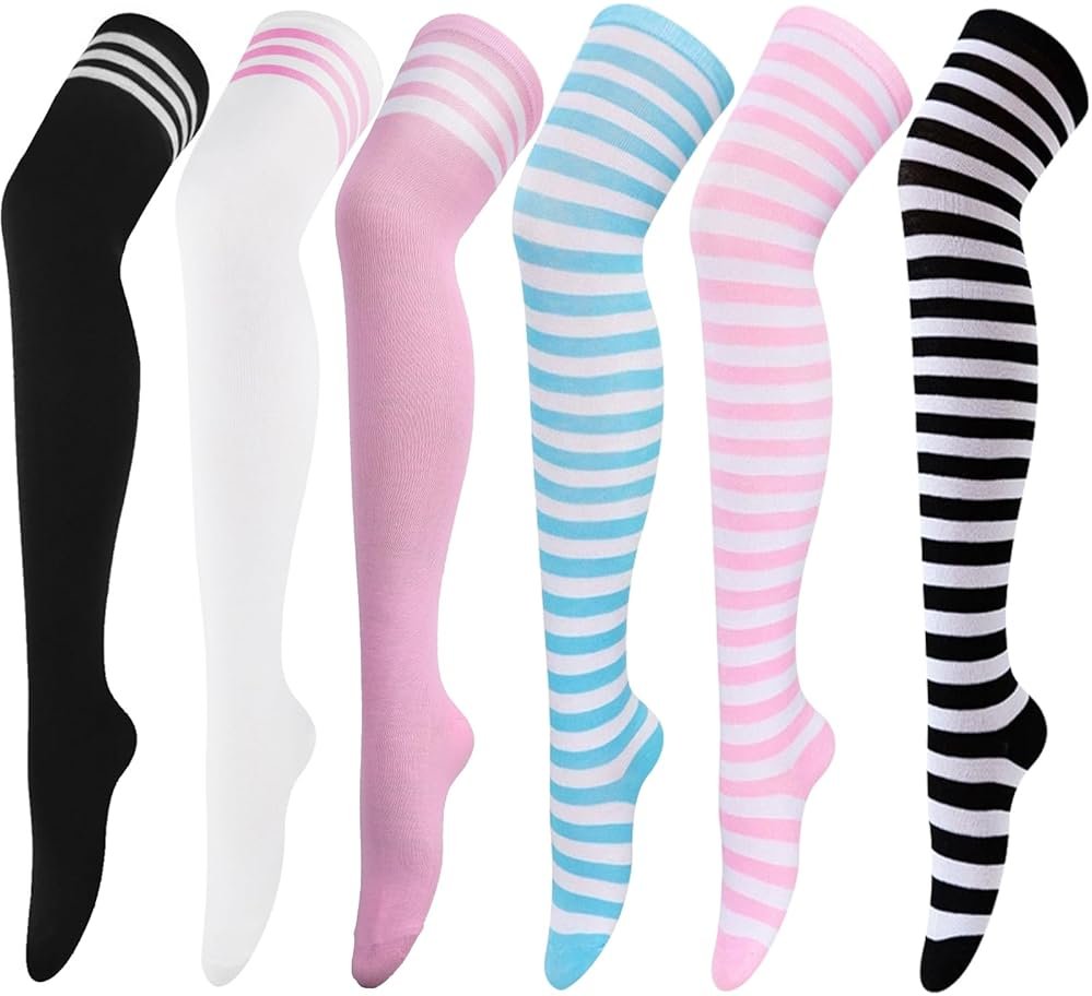 AQOKKA Extra Long Thigh High Socks for Women Striped Over Knee Thigh Socks Long Boot Thigh High Stockings Leg Warmers - Product Image