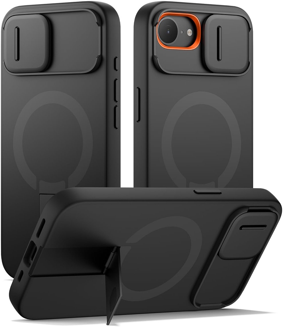 SURITCH for iPhone 17e/16e Case with Magnetic Camera Slide Cover and Adjustable Kickstand, Compatible with MagSafe, Shockproof Bumper Case Slim Protective Cover 6.1 Inch,Black - Product Image