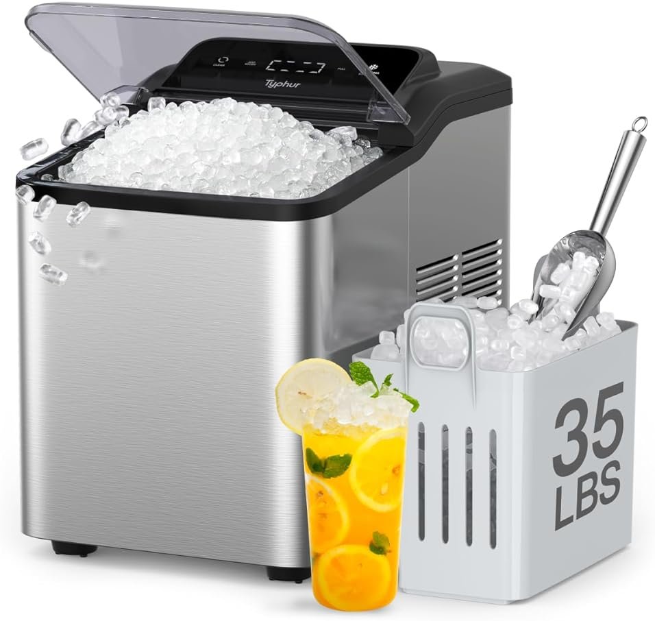 Typhur Fast Nugget Ice Maker Countertop with Self-Cleaning Pump, 35lbs/24H Crushed Pebble Ice Machine with Pellet Ice, 8 Packs Cleaner, Dual Ice Scoops for Home, Kitchen, Party, RV, Stainless Steel - Product Image