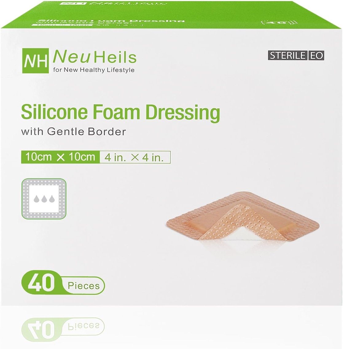 NeuHeils Silicone Foam Dressing with Gentle Border 4''x4'', 40 Pack - High Absorbency Waterproof Wound Bandage for Bed Sores, Leg Ulcers & Surgical Wounds - Product Image