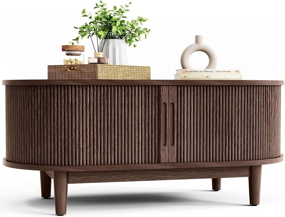 LINSY HOME Oval Coffee Table, Wood Coffee Table with Storage, Fluted Accent Center Table with Sliding Tambour Door, 39" Mid Century Modern Coffee Tables for Living Room, Bedroom, Apartment, Walnut - Product Image