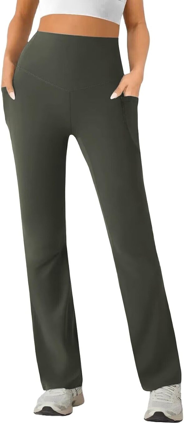 SEAJOJO Womens High Waist Yoga Pants Stretchy Casual Trousers Straight Leg Pull On Side Pockets - Product Image