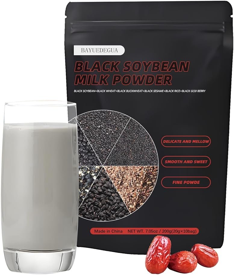 BAYUEDEGUA-Black soybean milk powder 200g/7.05oz Black soybeans+Black quinoa+Black sesame+Black rice+Black fruit medlar.High calcium,High protein,Pure plant-based formula.Contains 10 small bags. - Product Image