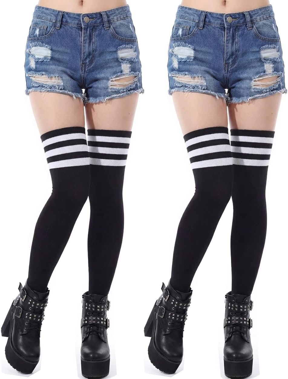 Ramede 2 Pairs Women's Three Stripes Thigh High Socks Extra Long High Thigh Socks Striped over Knee Long Opaque Stockings - Product Image