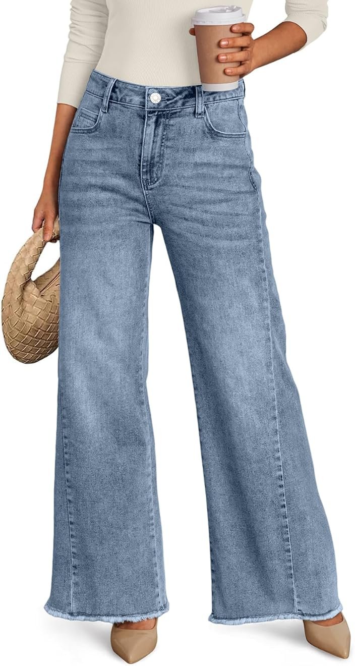Trendy Queen Women's Wide Leg Jeans, Relaxed Loose Straight Leg with Raw Hem, Comfort Denim Pants - Product Image