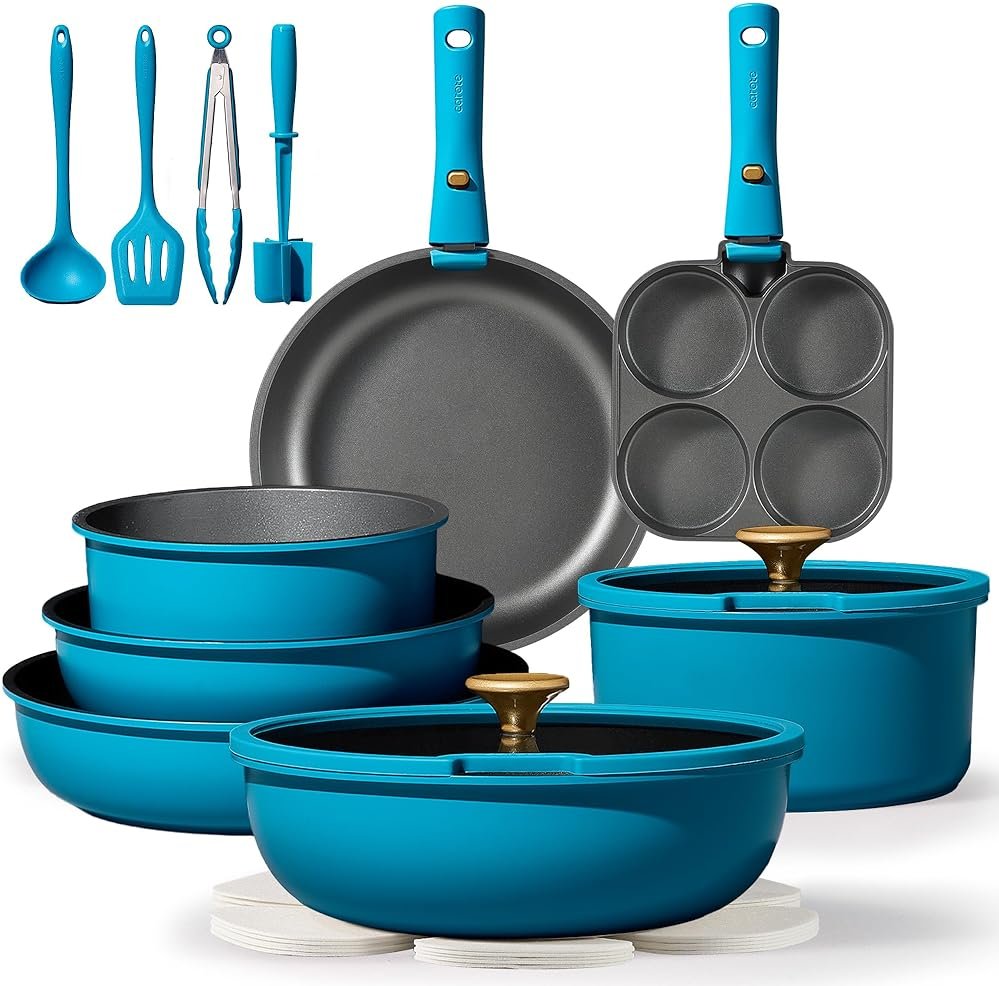 CAROTE 21pcs Pots and Pans Set, Nonstick Cookware Set Detachable Handle, Induction Kitchen Cookware Sets Non Stick with Removable Handle, RV Cookware Set, Peacock Blue - Product Image