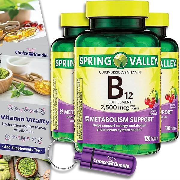 Spring Valley Vitamin B12 Quick Dissolve Tablets 2500 Mcg B Vitamins Complex 120 Ct 3 pk (360 Total) + Vitamin Vitality & Pill Container (5 Items)! - Product Image