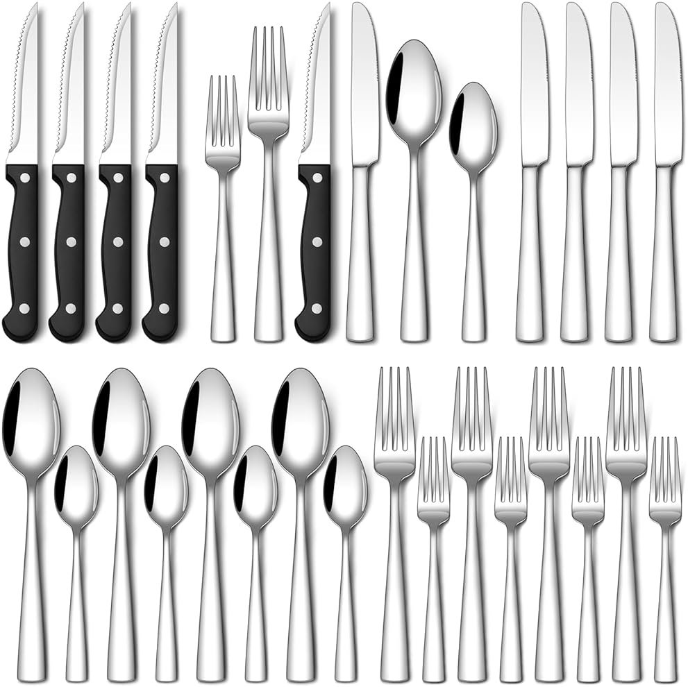 Stapava 24-Piece Silverware Set with Steak Knives, Food-Grade Stainless Steel Flatware Set for 4 Mirror Polished Cutlery Utensil Sets Include Forks Spoons and Knives Set Dishwasher Safe - Product Image