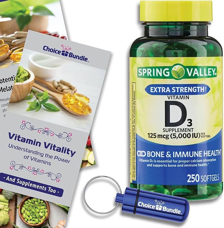 Spring Valley Vitamin D3 Softgels 125 mcg 5000 IU 250 Ct Plus Vitamin Vitality & Pill Container (3 Items)! - Product Image